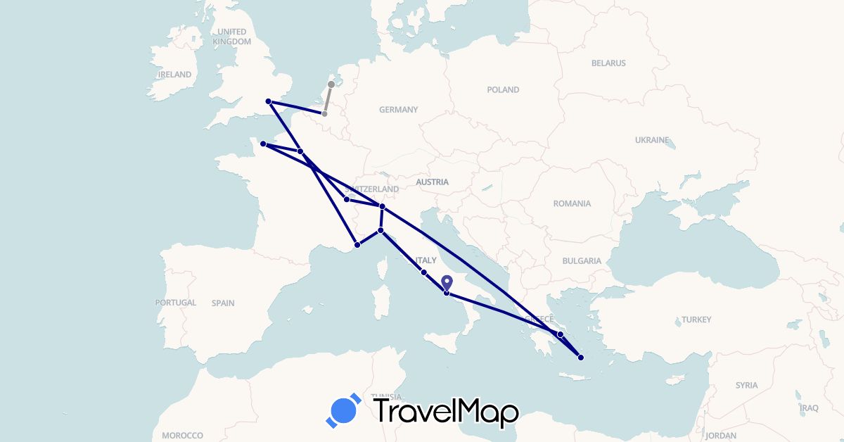 TravelMap itinerary: driving, plane in Belgium, Switzerland, France, United Kingdom, Greece, Italy, Netherlands (Europe)